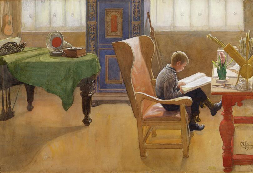 A painting of a large study. A guitar hangs in the corner, a grand piano stands to the left side, and there's a wardrobe at the back. On the right, a boy of about 10 years old sits at a busy desk, in an ornate desk chair much too large for him, reading a large book, lifting the page as if about to turn it.